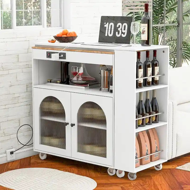 Rolling Kitchen Island: Extended Table, Power Outlets, Glass Doors