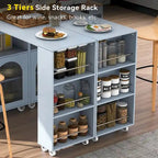 Rolling Kitchen Island: Extended Table, Power Outlets, Glass Doors