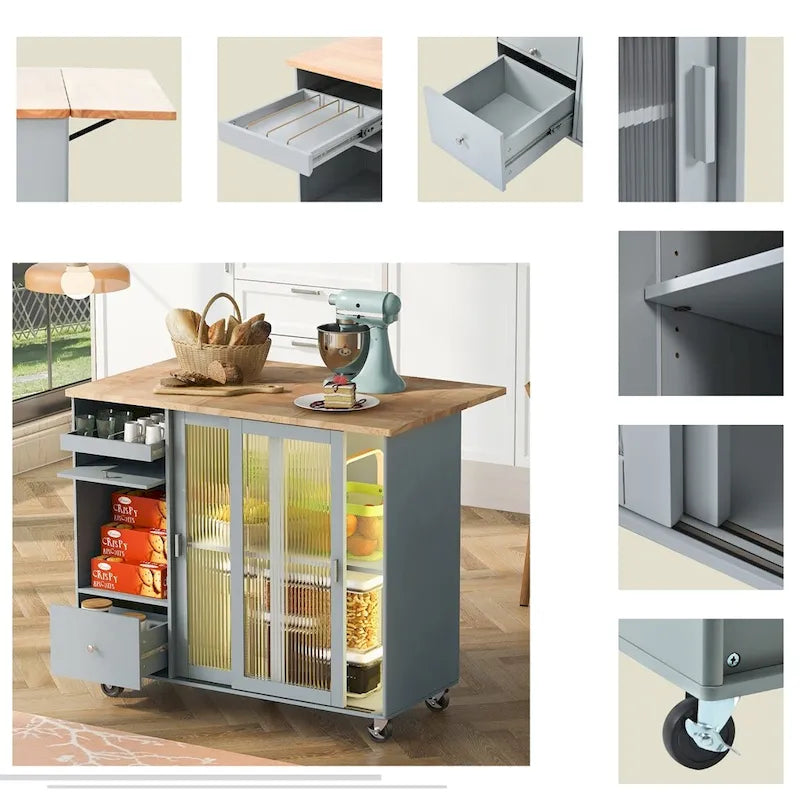 Kitchen Island with Drop Leaf,LED Light Kitchen Cart on Wheels