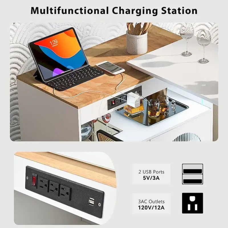 Kitchen Island Cart with Extended Table and Power Outlets