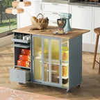 LED Light Kitchen Cart on Wheels with 2 Fluted Glass Doors