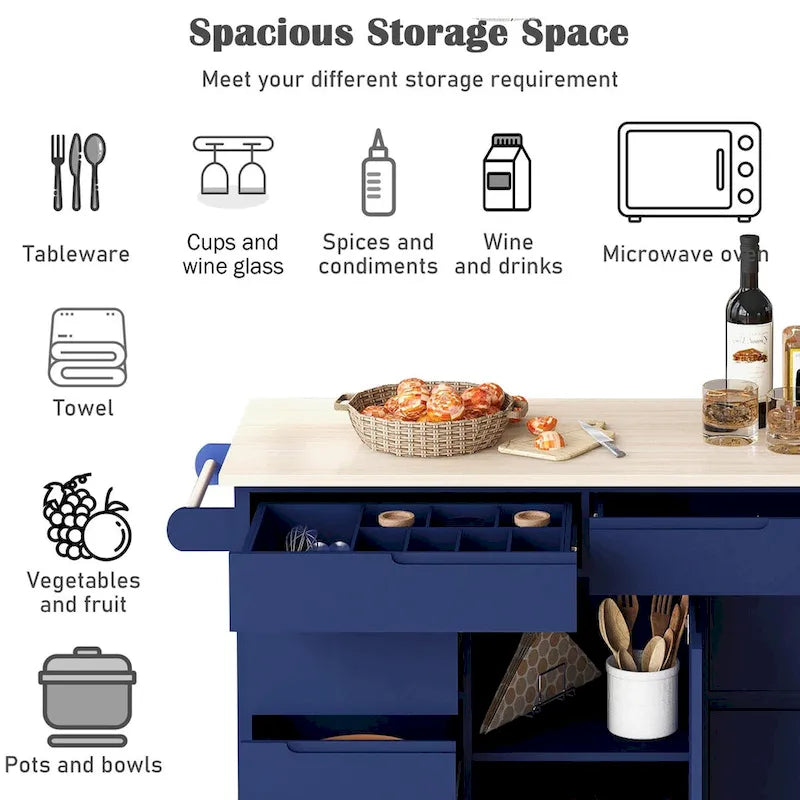 8 Drawer Rubber Wood Kitchen Island