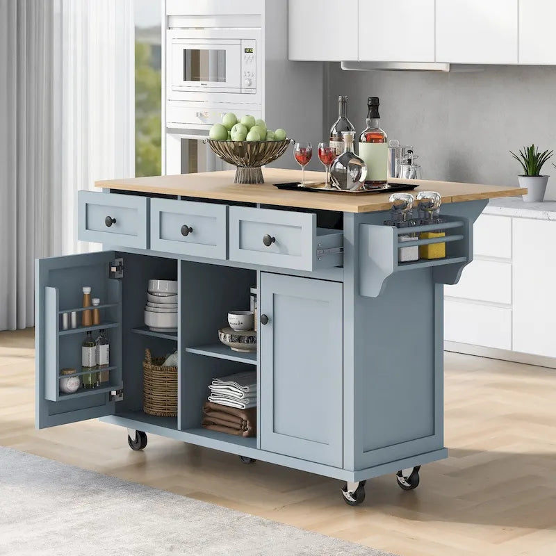 Kitchen Cart with Rubber wood Drop-Leaf Countertop 5 Wheels with Storage Cabinet and 3 Drawers