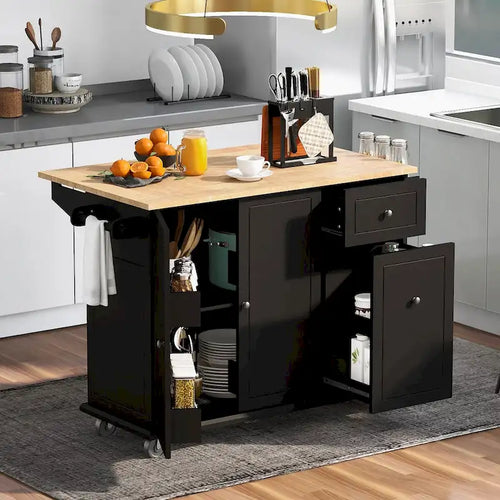 53.9 in. W Kitchen Island Rubberwood Drop-Leaf Countertop on 5 Wheels with Internal Storage Rack and 3 Tier Pull Out Cabinet