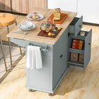 53.9 in. W Kitchen Island Rubberwood Drop-Leaf Countertop on 5 Wheels with Internal Storage Rack and 3 Tier Pull Out Cabinet