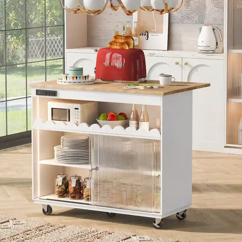 LED Light Kitchen Island on Wheels with Drop Leaf and Power Outlets
