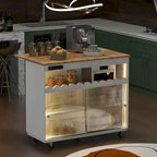 LED Light Kitchen Island on Wheels with Drop Leaf and Power Outlets