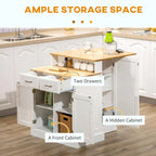 Kitchen Island with Storage Cabinet, 2-Level Rubber Wood Top, Adjustable Shelves, and Drawers