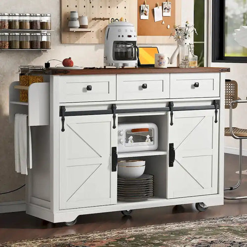 53.7Kitchen Island with Power Outlet,2 Sliding Barn Door Island with Drop Leaf,Spice Rack Rolling Kitchen Cart on Wheels