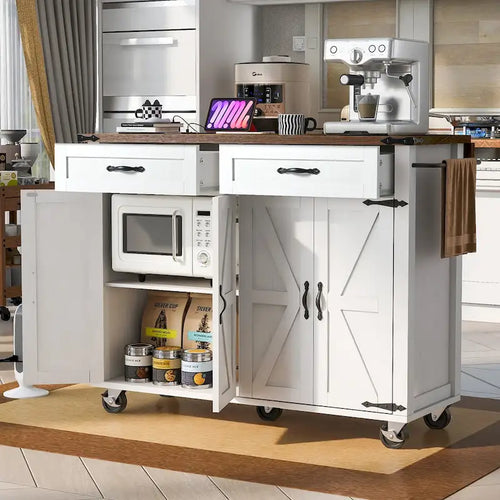 53.5Kitchen Island with Power Outlet,Storage Island with Drop Leaf,Spice Rack and Drawer,Rolling Kitchen Cart on Wheels