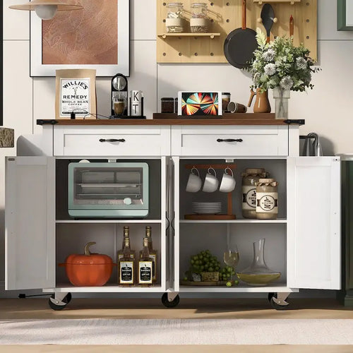 53.5Kitchen Island with Power Outlet,Storage Island with Drop Leaf,Spice Rack and Drawer,Rolling Kitchen Cart on Wheels