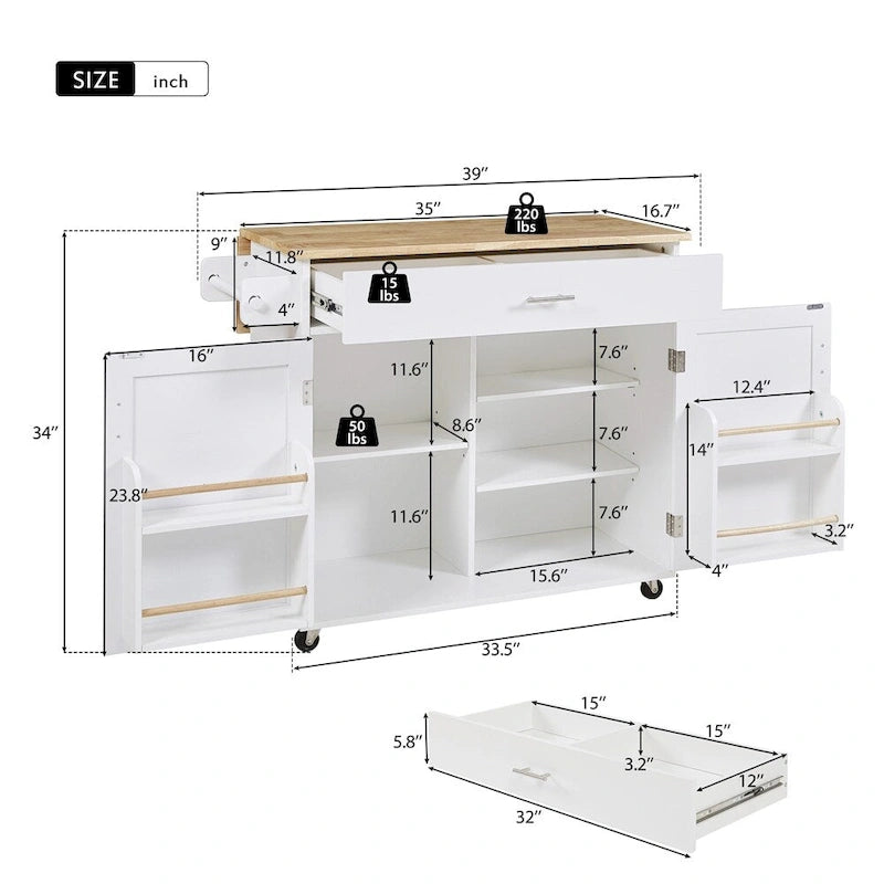 Rolling Kitchen Cart with Adjustable Shelf Tower Rack and Rubber Top - N/A