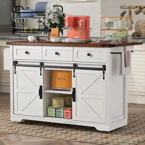 53.7 Farmhouse Kitchen Island with Power Outlets and 2 Sliding Barn Doors