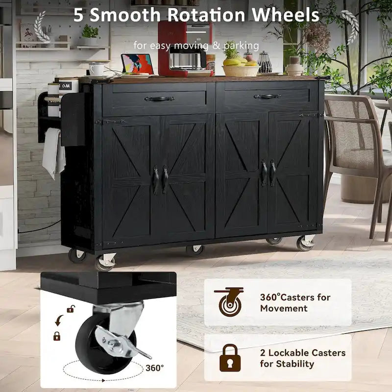 53.5 Farmhouse Kitchen Island Cart with Power Outlet, Drop Leaf, Spice Rack, and 2 Drawers, 5 Wheels