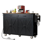 53.5 Farmhouse Kitchen Island Cart with Power Outlet, Drop Leaf, Spice Rack, and 2 Drawers, 5 Wheels