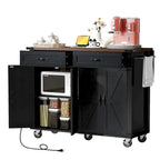 53.5 Farmhouse Kitchen Island Cart with Power Outlet, Drop Leaf, Spice Rack, and 2 Drawers, 5 Wheels