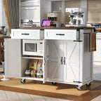 53.5 Farmhouse Kitchen Island Cart with Power Outlet, Drop Leaf, Spice Rack, and 2 Drawers, 5 Wheels