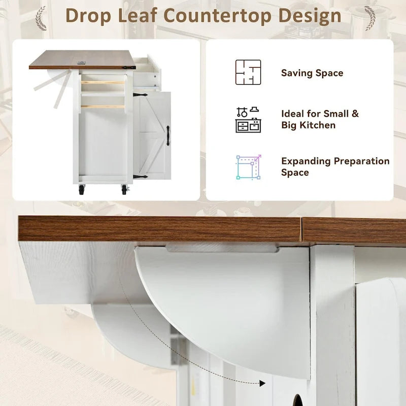 53.5 Farmhouse Kitchen Island Cart with Power Outlet, Drop Leaf, Spice Rack, and 2 Drawers, 5 Wheels
