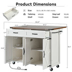 53.5 Farmhouse Kitchen Island Cart with Power Outlet, Drop Leaf, Spice Rack, and 2 Drawers, 5 Wheels