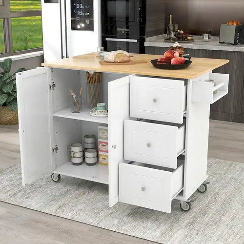 52.7 W Folding Multifunctional Lockable Wheel Kitchen Cart with 2 Doors and 3 Drawers