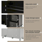 52.7 W Folding Multifunctional Lockable Wheel Kitchen Cart with 2 Doors and 3 Drawers
