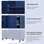 52.7 W Folding Multifunctional Lockable Wheel Kitchen Cart with 2 Doors and 3 Drawers