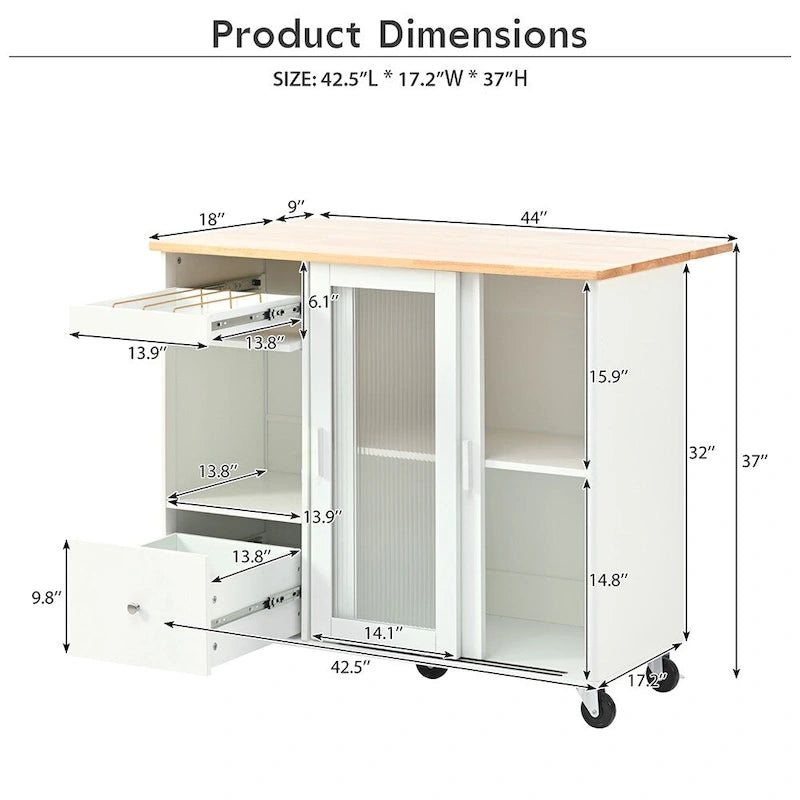 Kitchen Island Cart w/Drop Leaf, LED Light & Changeable Wheels or Feet
