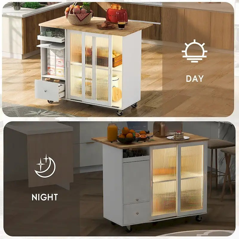 Kitchen Island Cart w/Drop Leaf, LED Light & Changeable Wheels or Feet