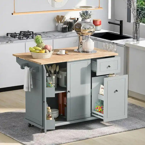 53.9 W Modern Versatile Kitchen Island with Drop Leaf and 3 Drawer Cabinets