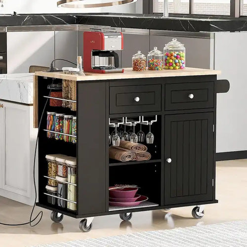 47 Modern Kitchen Cart with Electrical Outlet, Rubberwood Kitchen Island with Drop Leaf and Adjustable Storage Cabinet
