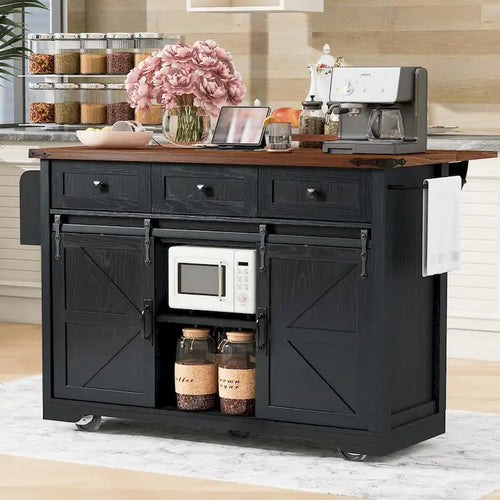 53.7 Farmhouse Kitchen Island with Power Outlet, 2 Sliding Barn Doors, Drop Leaf Storage, Spice Rack Cart On Wheels.