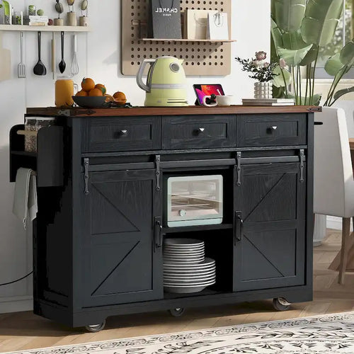 53.7 Farmhouse Kitchen Island with Power Outlet, 2 Sliding Barn Doors, Drop Leaf Storage, Spice Rack Cart On Wheels.