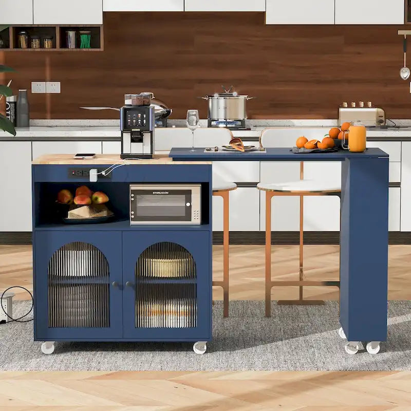 LED Lights Kitchen Island Cart With Extended Table and Power Outlets