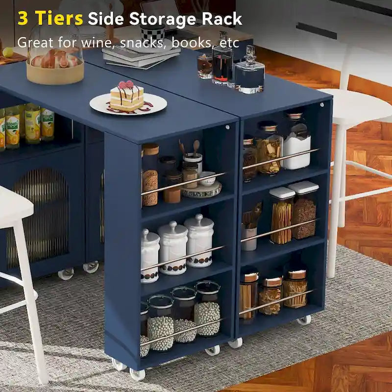 LED Lights Kitchen Island Cart With Extended Table and Power Outlets