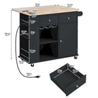 Kitchen Island with Power Outlet Kitchen Storage Island with Drop Leaf and Rubber Wood Open Storage and Wine Rack 5 Wheels