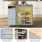 Kitchen Island Cart with Drop-Leaf Countertop, LED Lighting, Fluted Glass Doors, Adjustable Shelf, and Two Drawers
