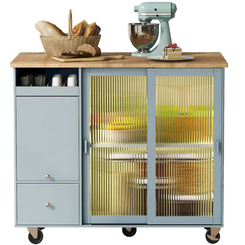 Kitchen Island Cart with Drop-Leaf Countertop, LED Lighting, Fluted Glass Doors, Adjustable Shelf, and Two Drawers
