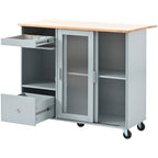 Kitchen Island Cart with Drop-Leaf Countertop, LED Lighting, Fluted Glass Doors, Adjustable Shelf, and Two Drawers