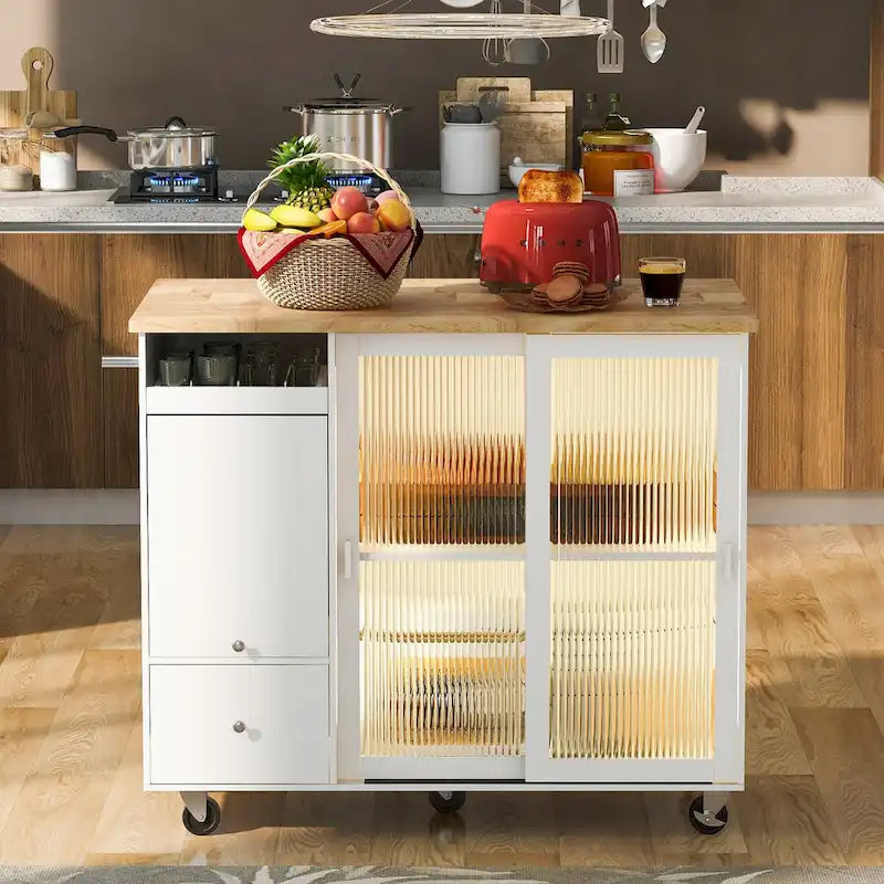Kitchen Island Cart with Drop-Leaf Countertop, LED Lighting, Fluted Glass Doors, Adjustable Shelf, and Two Drawers