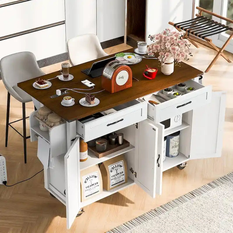 53.5Farmhouse Kitchen Island with Power Outlet, Kitchen Storage Island with Drop Leaf, Spice Rack and Drawer