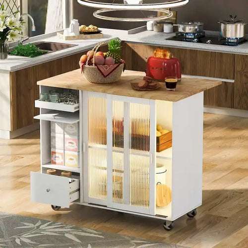 44 in. W Kitchen Island Rubber Wood Drop-Leaf Countertop on 5 Wheels with an Adjustable Shelf and 2 Drawers - 44