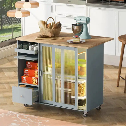 44 in. W Kitchen Island Rubber Wood Drop-Leaf Countertop on 5 Wheels with an Adjustable Shelf and 2 Drawers - 44