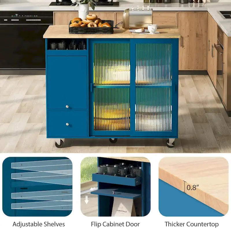 44 in. W Kitchen Island Rubber Wood Drop-Leaf Countertop on 5 Wheels with an Adjustable Shelf and 2 Drawers - 44