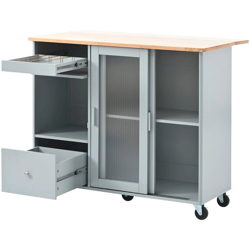 44 in. W Kitchen Island Rubber Wood Drop-Leaf Countertop on 5 Wheels with an Adjustable Shelf and 2 Drawers - 44