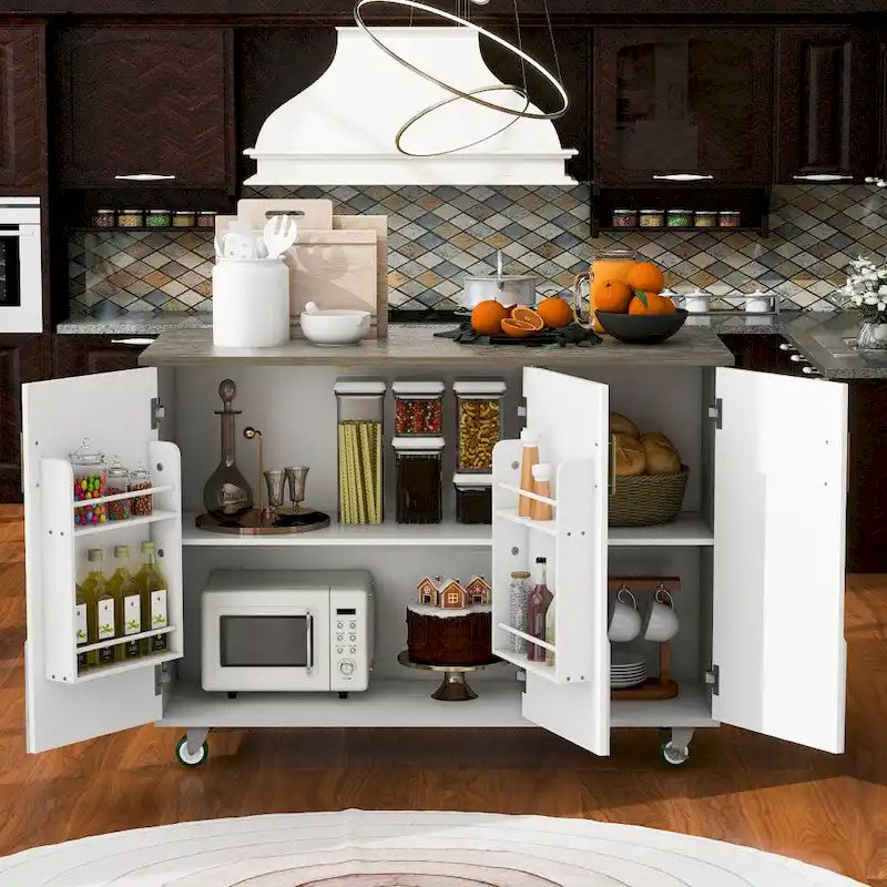 51 in. W Kitchen Island Retro Drop-Leaf Desktop on 4 Wheels with Internal Storage Rack and Towel Rack