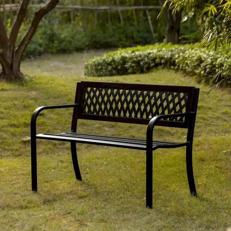 Gardenised Outdoor Steel 47 Park Bench for Yard, Patio, Garden and Deck, Black Weather Resistant Porch Bench, Park Seating