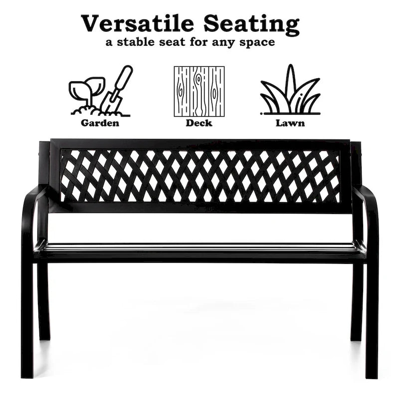 Gardenised Outdoor Steel 47 Park Bench for Yard, Patio, Garden and Deck, Black Weather Resistant Porch Bench, Park Seating