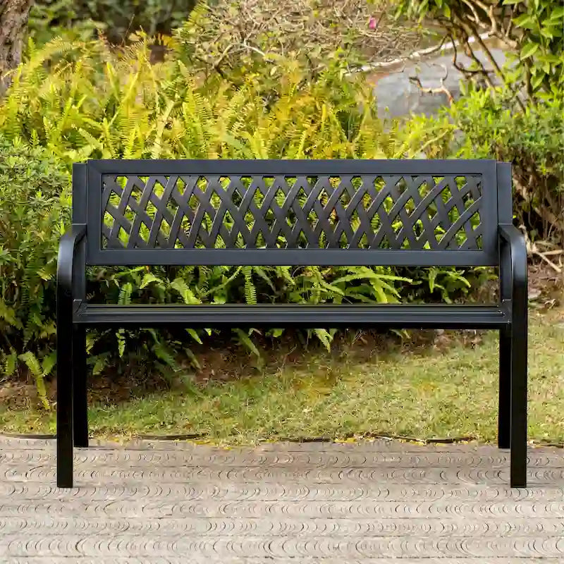 Gardenised Outdoor Steel 47 Park Bench for Yard, Patio, Garden and Deck, Black Weather Resistant Porch Bench, Park Seating
