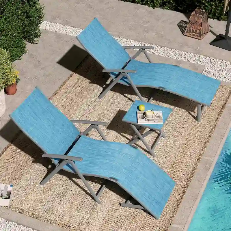 VredHom Outdoor Portable Folding Chaise Lounge Chair with Table (Set of 3) - 70 L x 20 W x 14 H