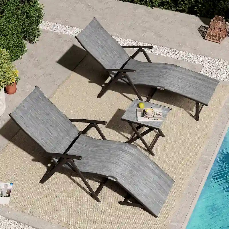 VredHom Outdoor Portable Folding Chaise Lounge Chair with Table (Set of 3) - 70 L x 20 W x 14 H